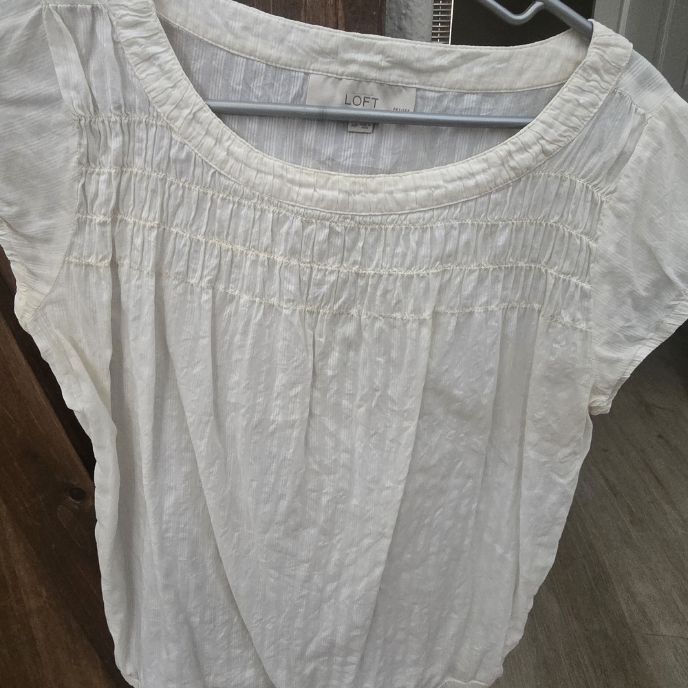Ann Taylor White Smocked Yoke Short Sleeve Blouse